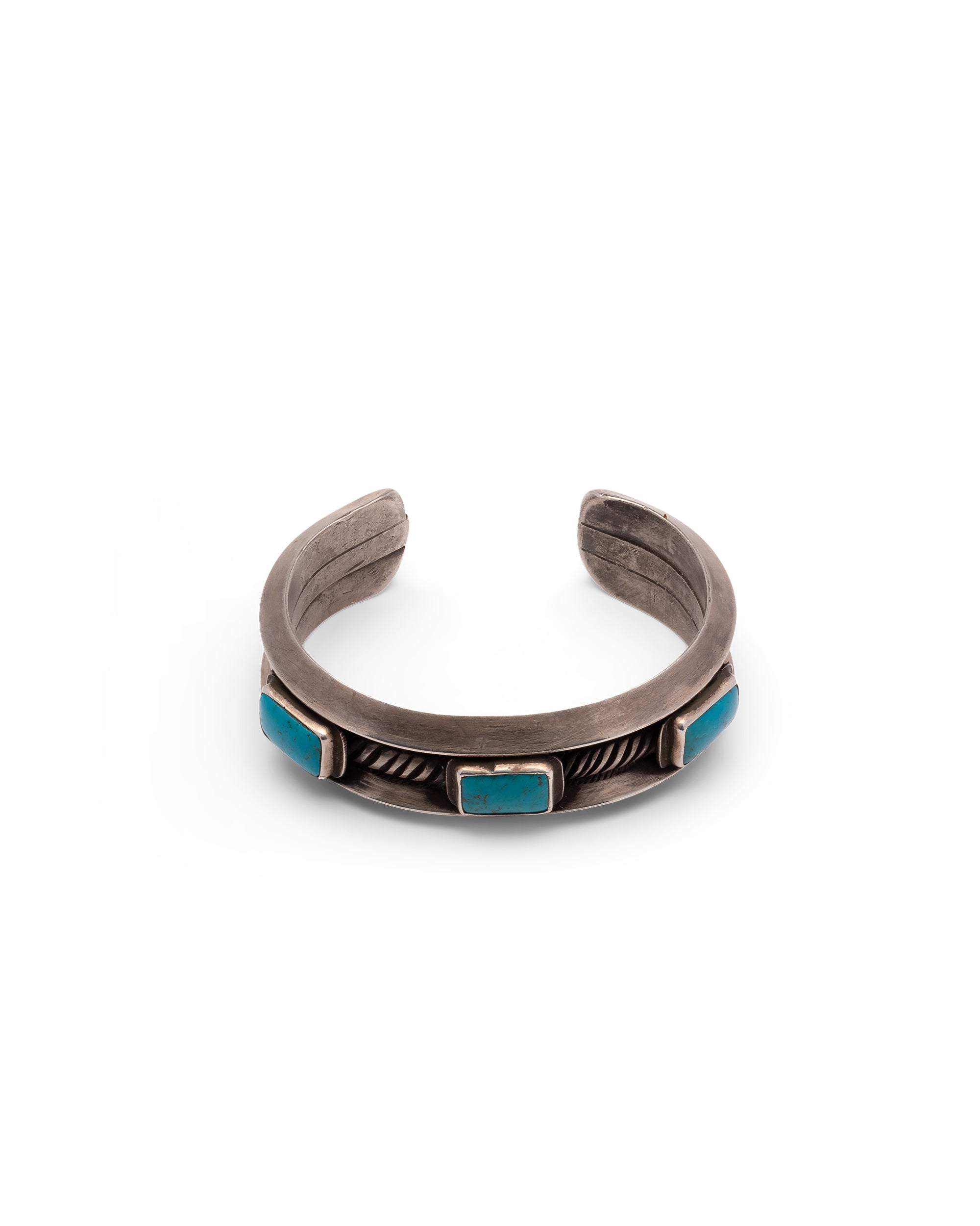 Silver bracelet with Square Turquoise Stone and Side Engravings