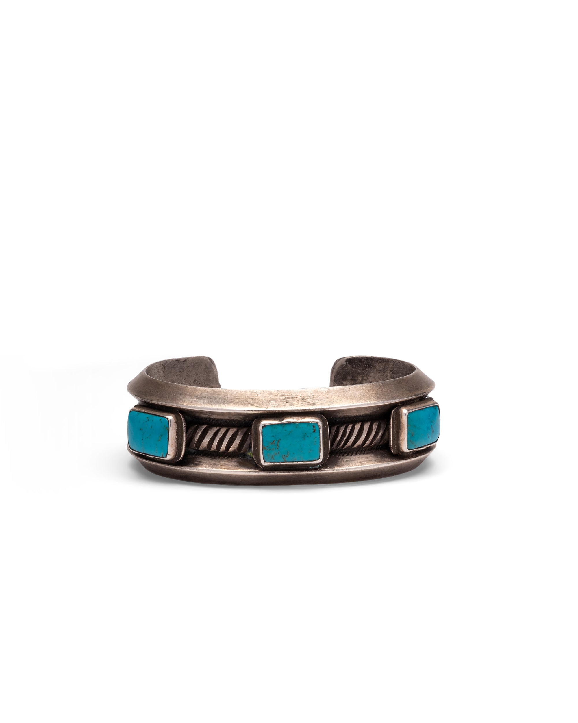 Silver bracelet with Square Turquoise Stone and Side Engravings