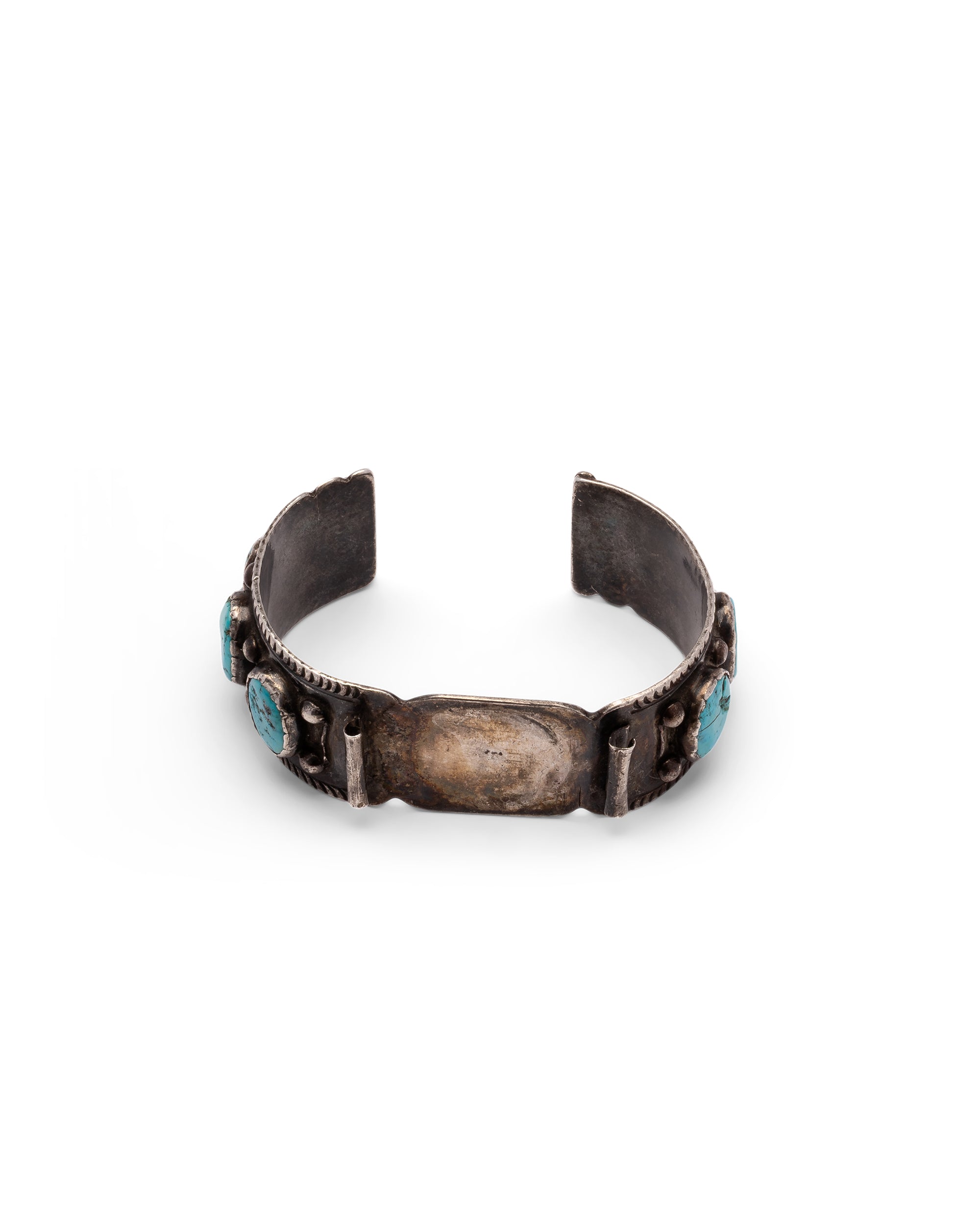 Silver Watch Cuff with Oval Turquoise Stones and Chiseled Details
