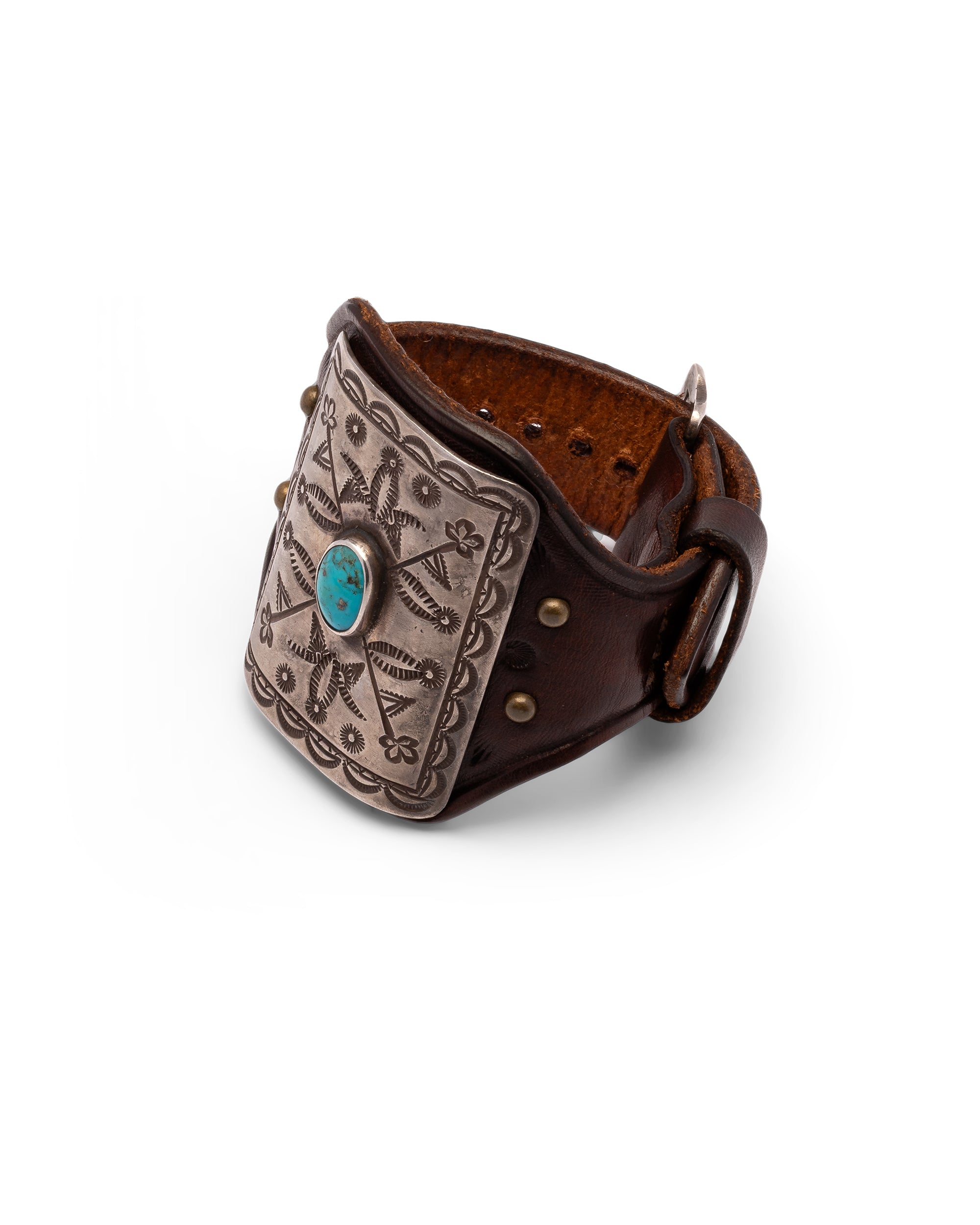 Navajo Ketoh Bracelet in Brown Leather with Silver Plate and Central Turquoise Stone