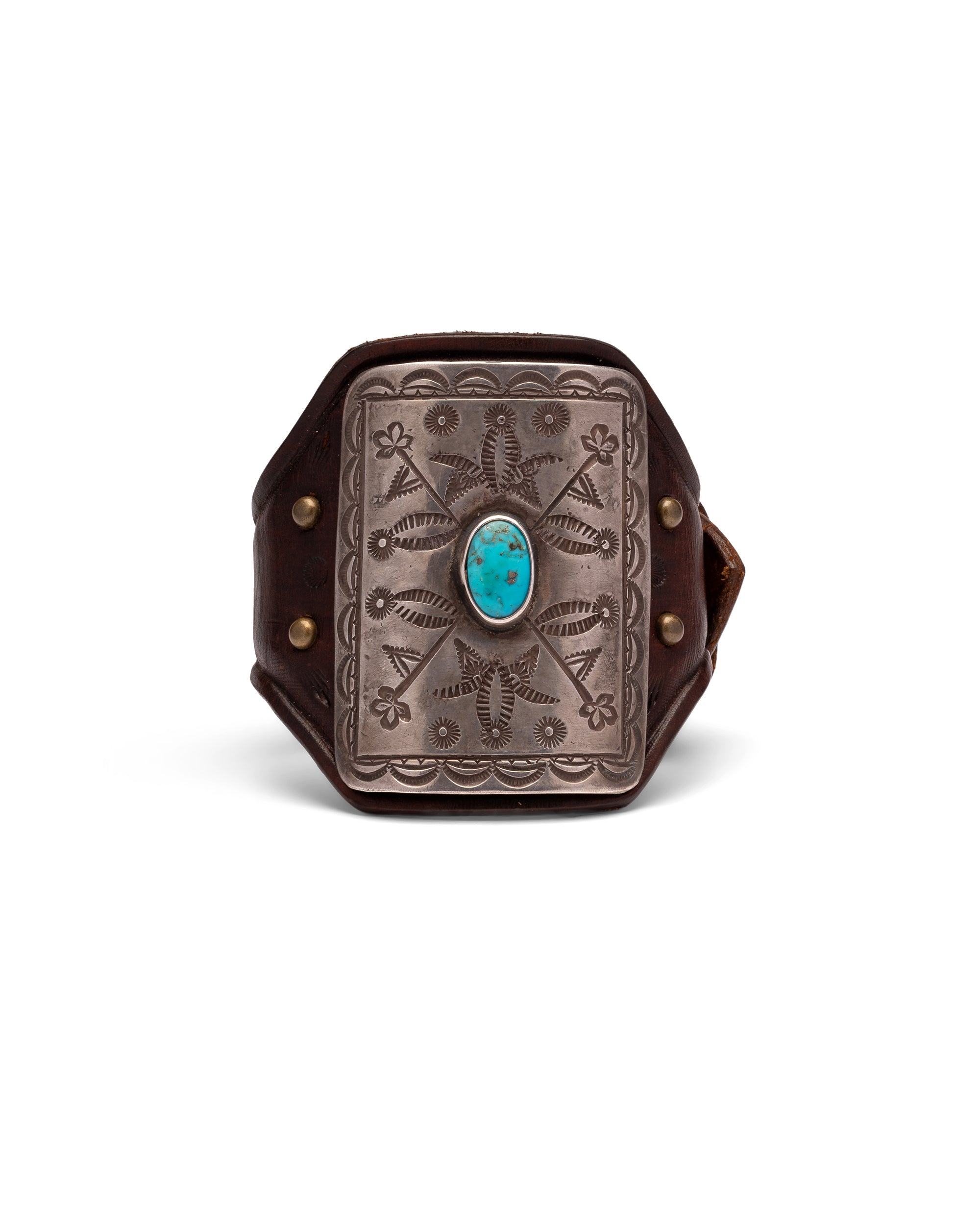 Navajo Ketoh Bracelet in Brown Leather with Silver Plate and Central Turquoise Stone