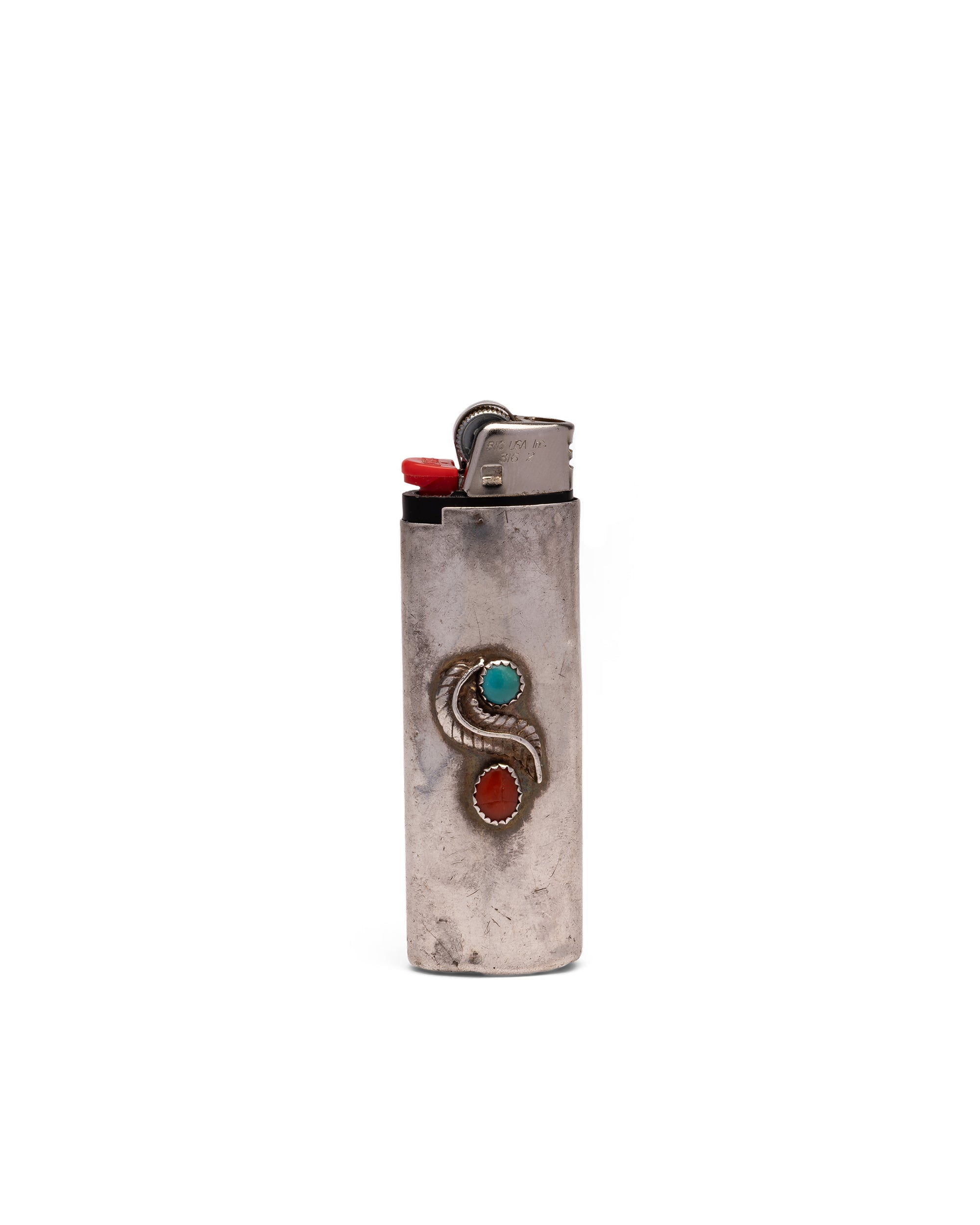 Silver Lighter Case with Turquoise and Coral Stones