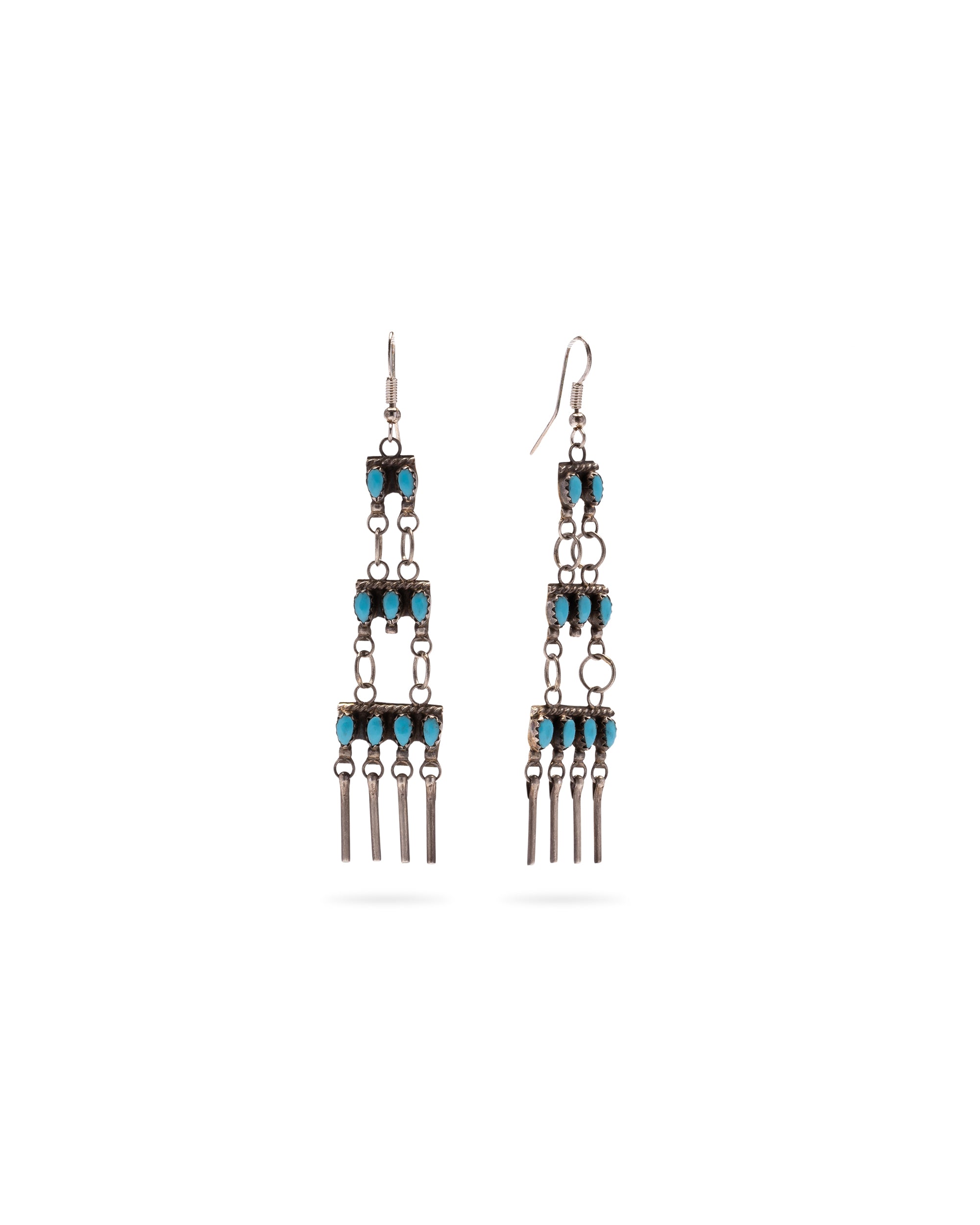 Silver Drop Earrings with Oval Turquoise Stones and Tribal Details
