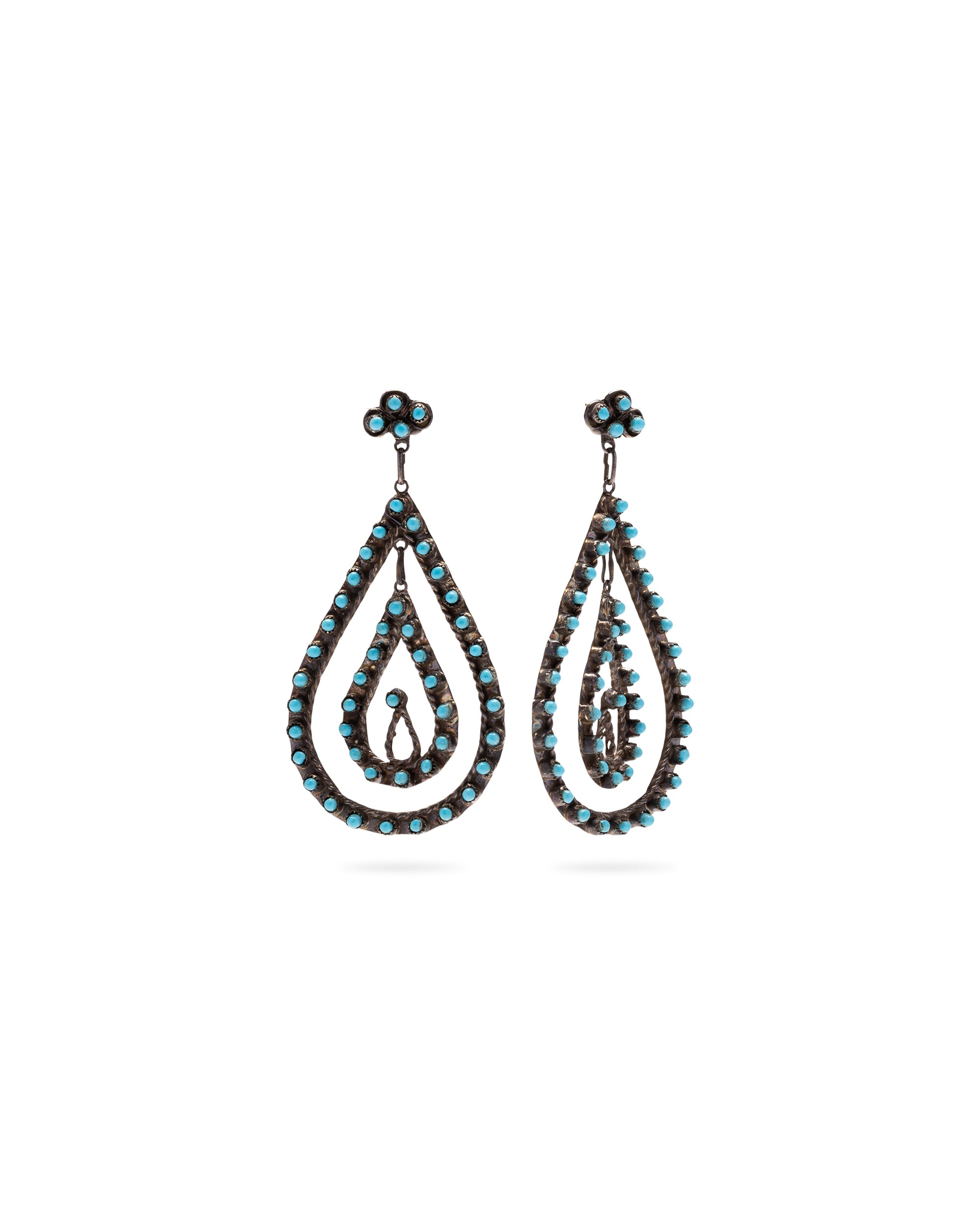 Long Silver Earrings with Turquoise Stones and Interlaced Drop Design