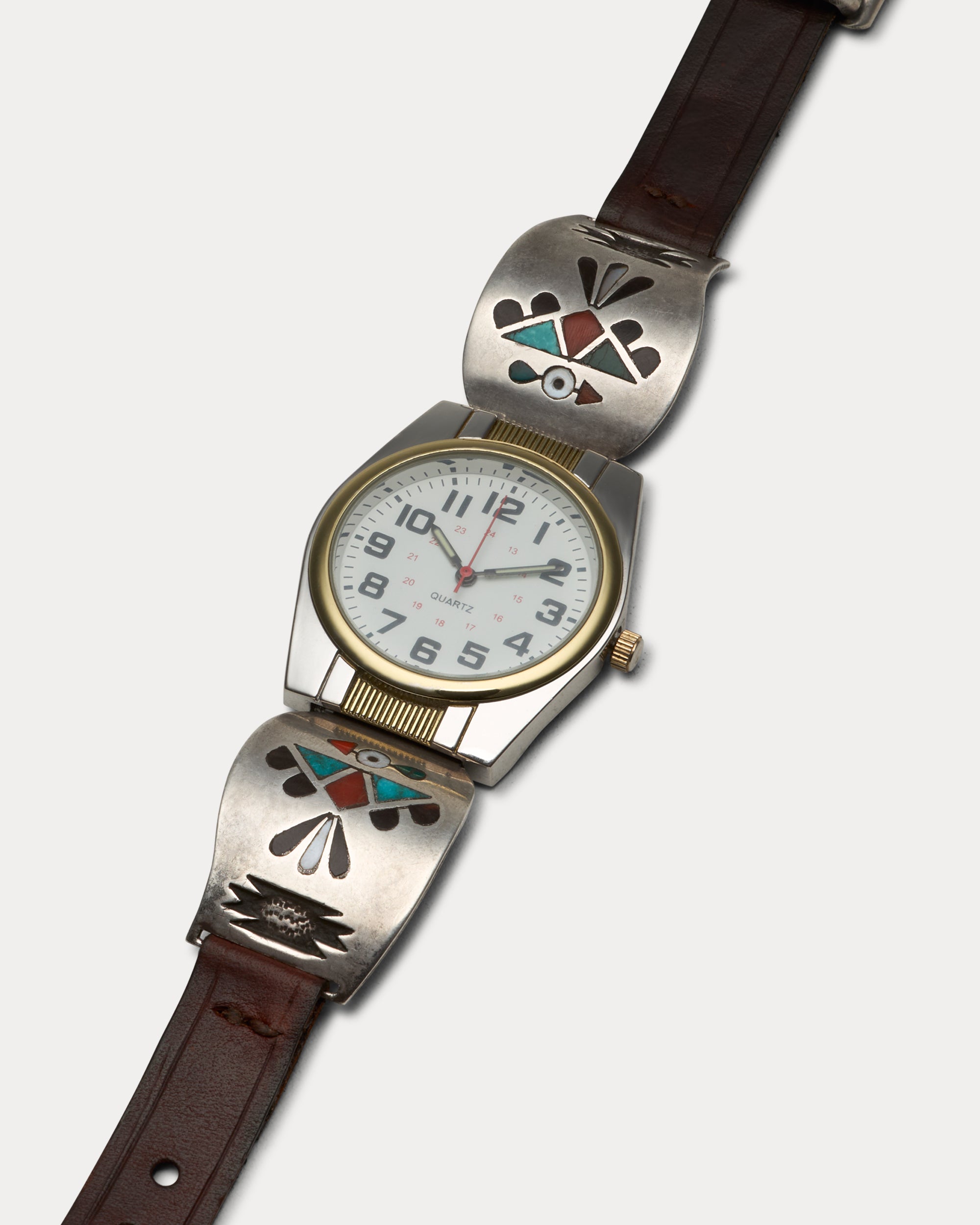 Orologio Quartz con Cinturino in Pelle e Terminali Argento con Intarsi