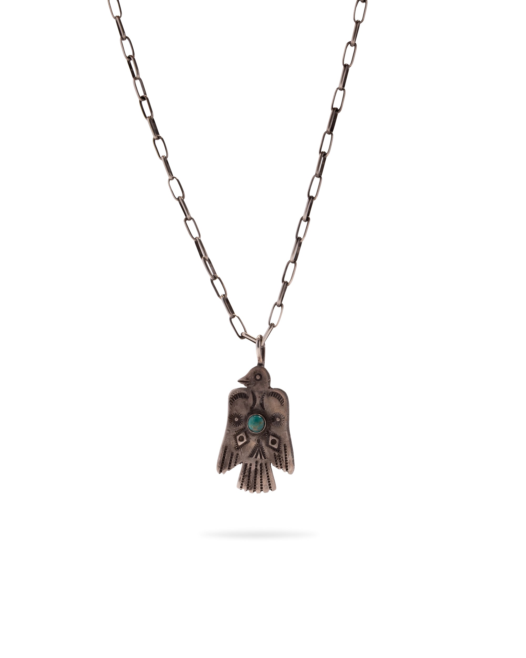 Silver Necklace with Small Eagle Pendant and Central Turquoise Stone