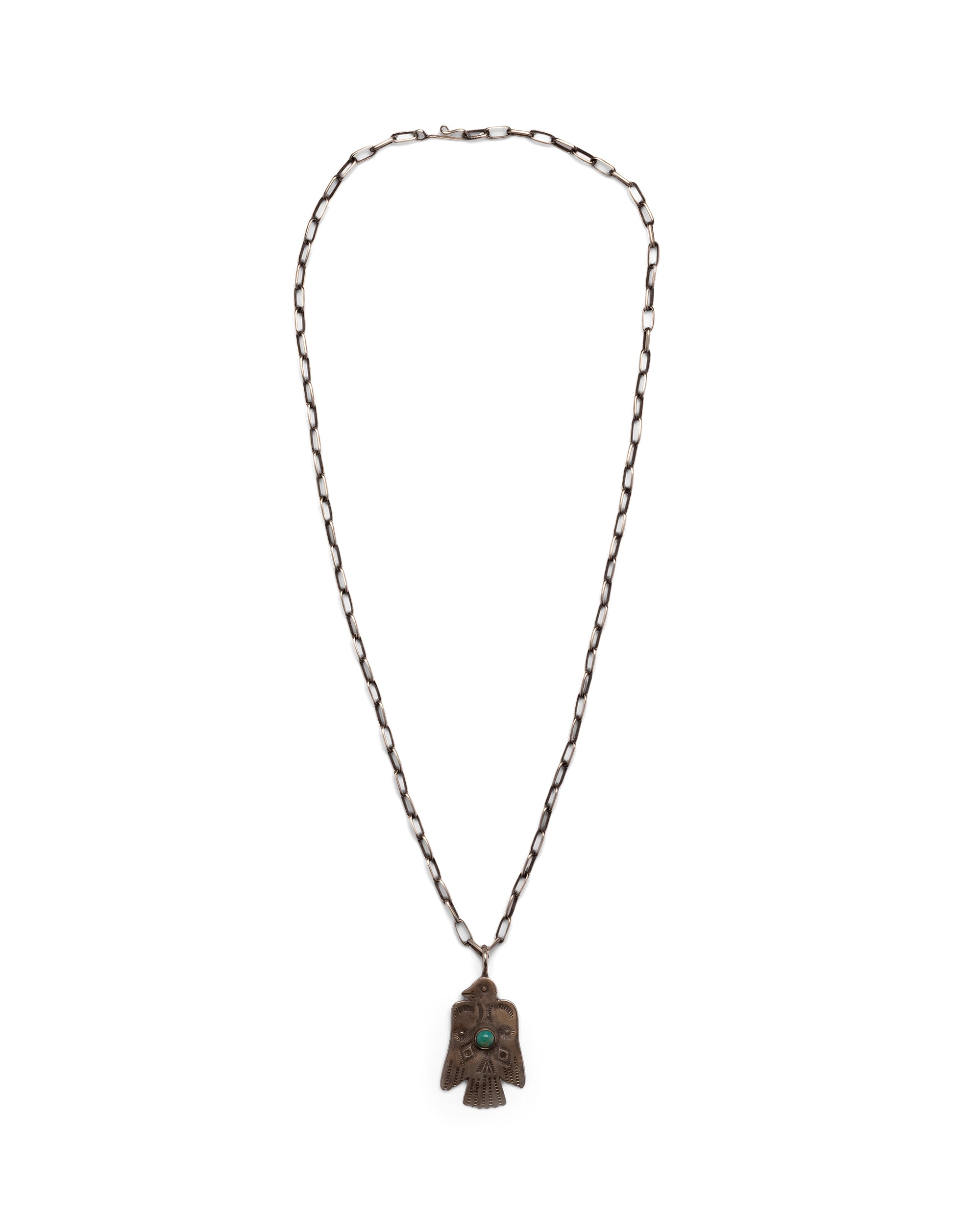 Silver Necklace with Small Eagle Pendant and Central Turquoise Stone