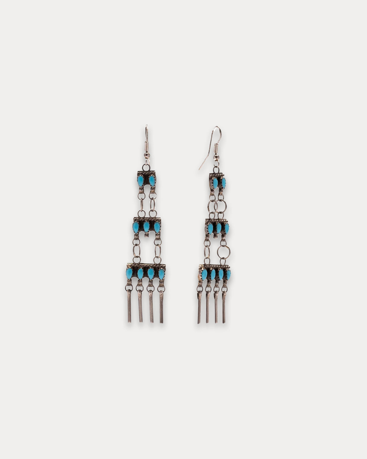 Pendant Silver Earrings with Oval Turquoise Stones and Tribal Details