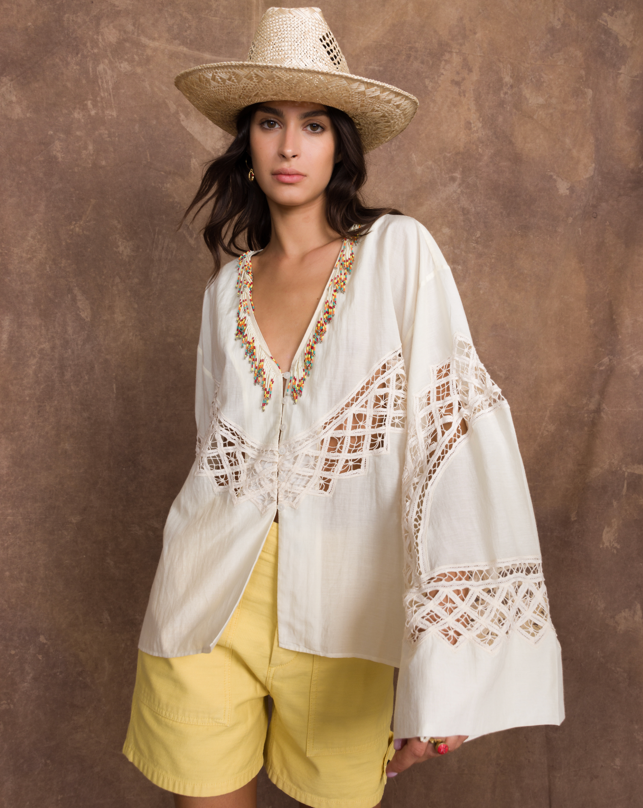 Cleide Camicia In Mussola di Cotone con Intarsi e Perline