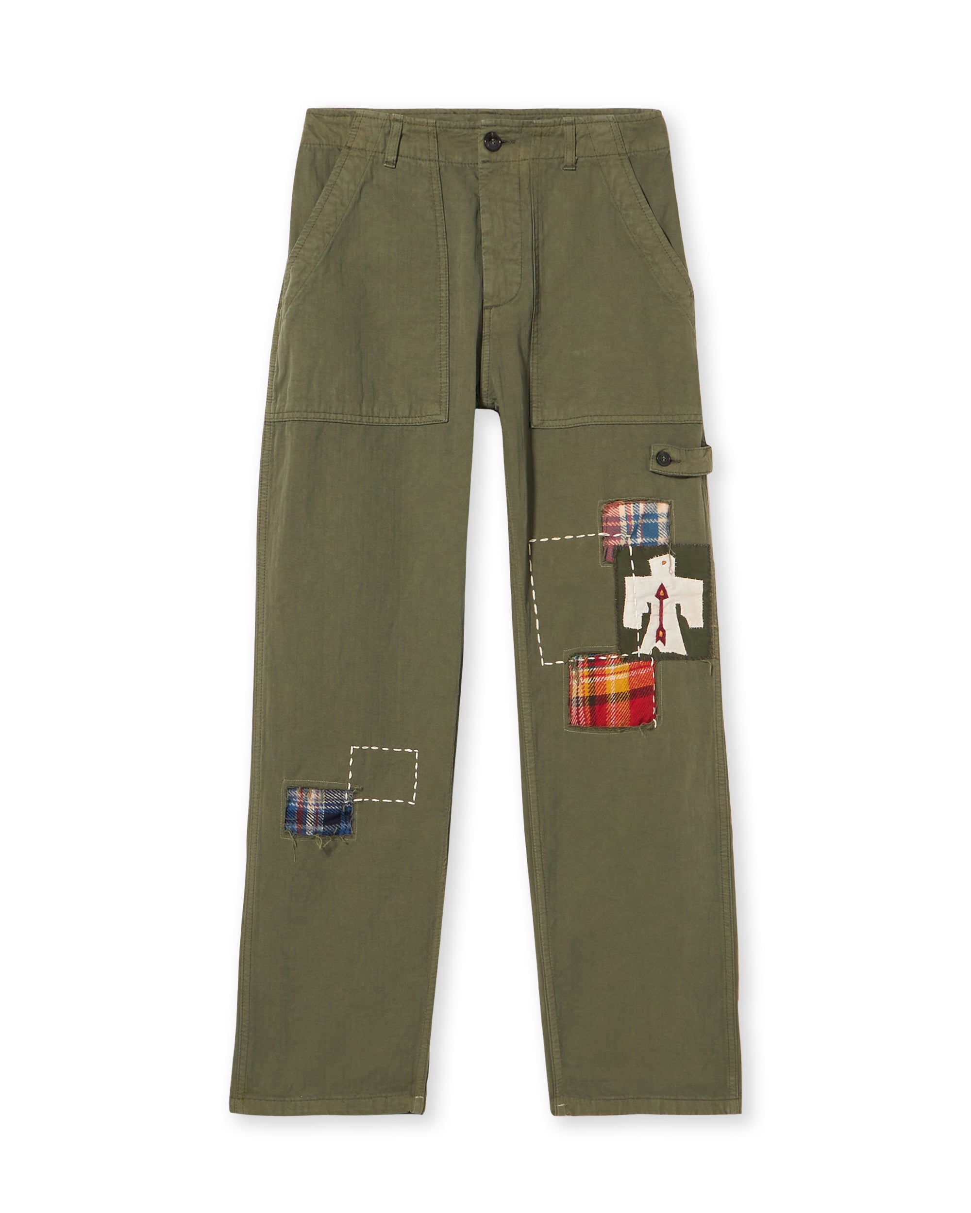 Jacey Pantaloni Fatigue in Herringbone di Cotone con Patch a Quadri