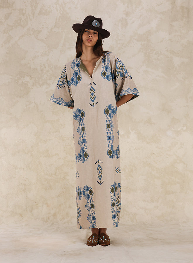 Acaia Caftano con Stampa in Cotone e Lino