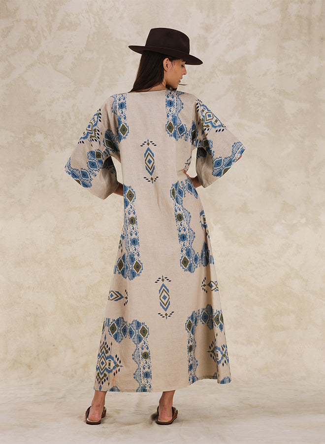 Acaia Caftano con Stampa in Cotone e Lino