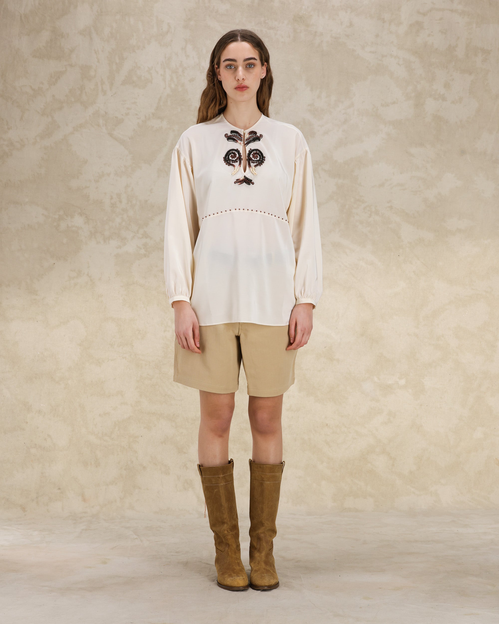 Allegras Embroidered Silk Crepe Blouse