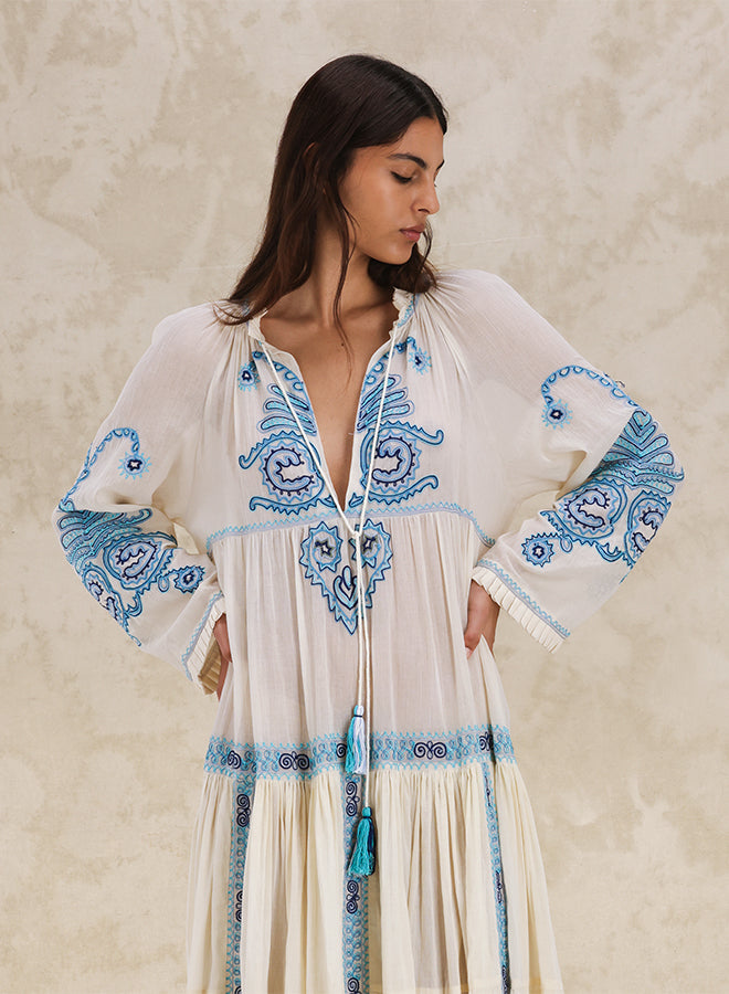 Arsia Caftano Ricamato in Mussola di Cotone