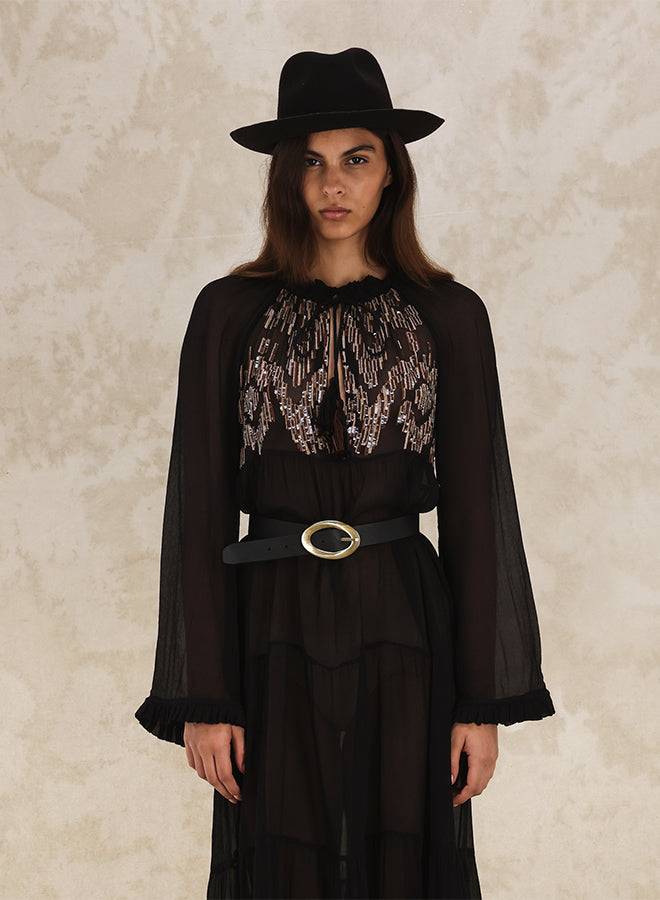 Arsia Caftano Ricamato in Chiffon Di Seta