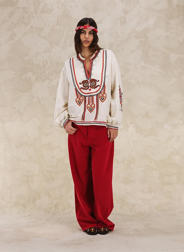 Cinthya Blusa Ricamata in Cotone Lino