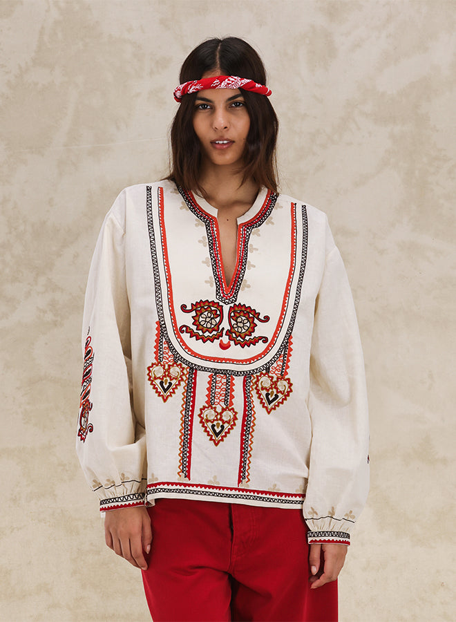 Cinthya Blusa Ricamata in Cotone Lino