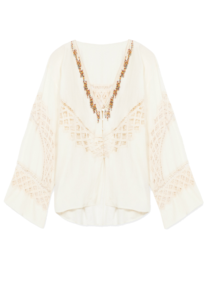 Cleide Camicia In Mussola di Cotone con Intarsi e Perline