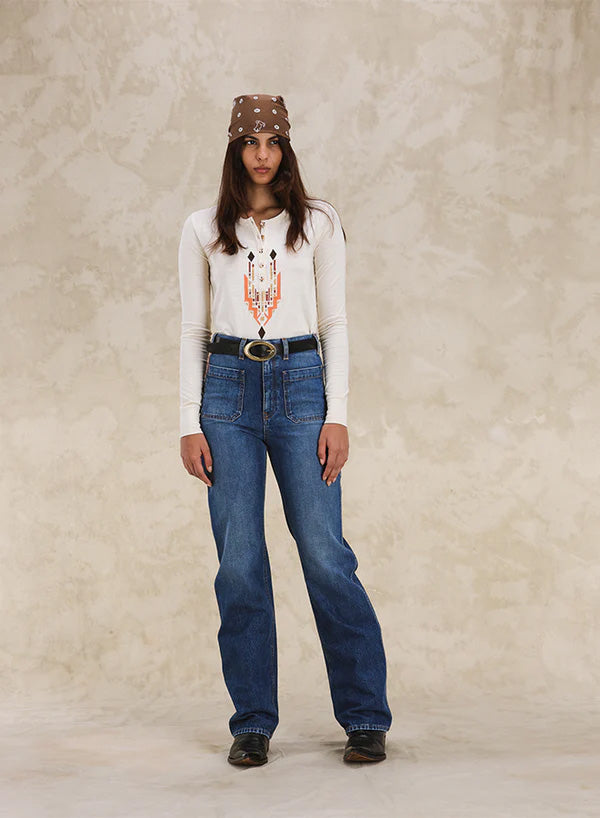 Coralie T-Shirt Serafino a Manica Lunga con Ricami Multi-Color