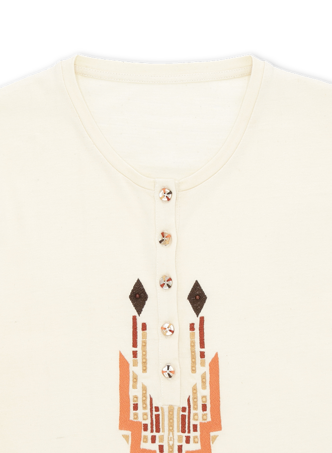 Coralie T-Shirt Serafino a Manica Lunga con Ricami Multi-Color