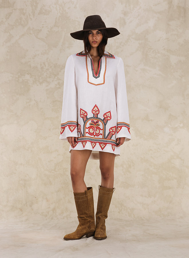 Gea Abito Corto Ricamato in Lino