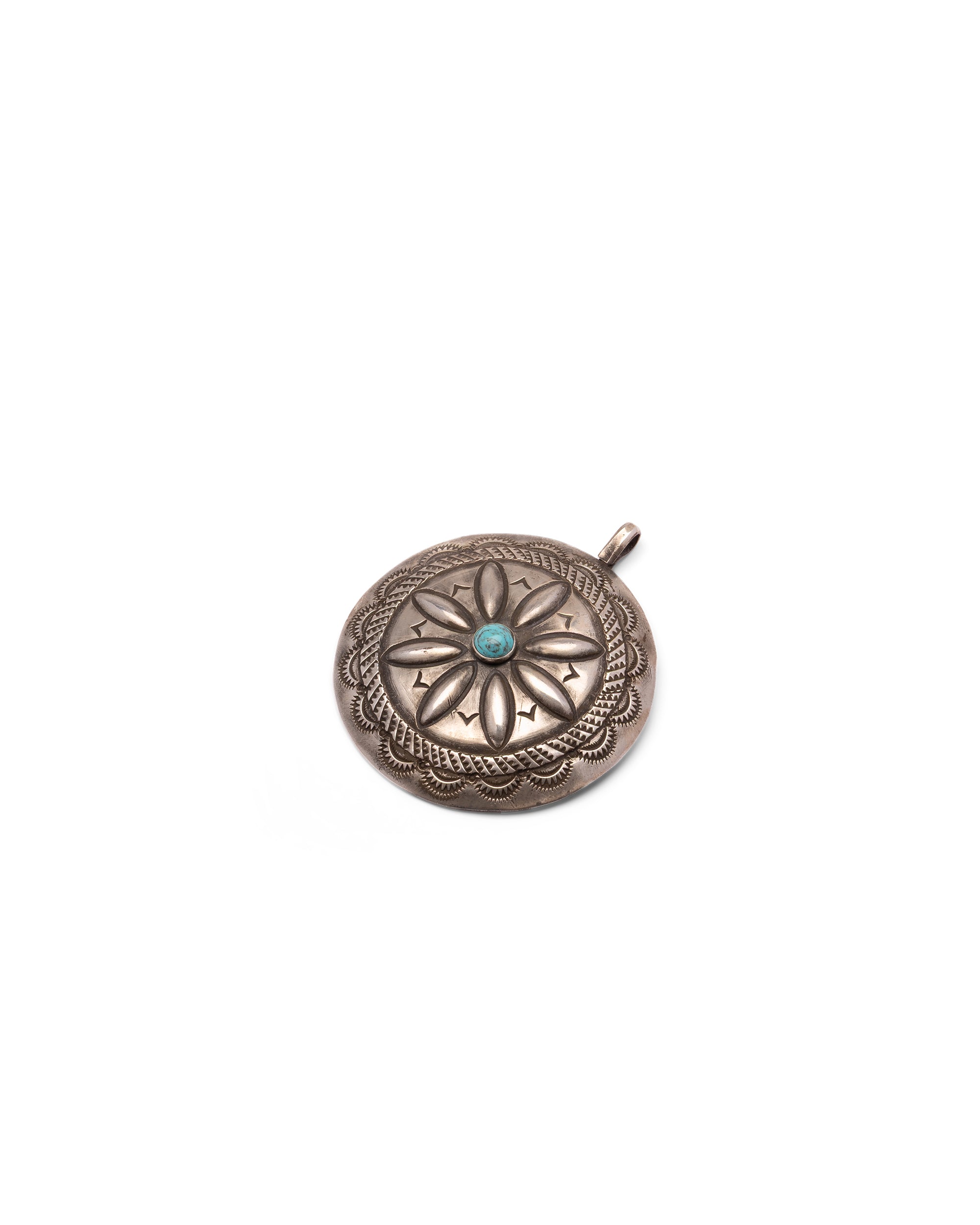 Chiseled Silver Navajo Concho with Central Turquoise Stone