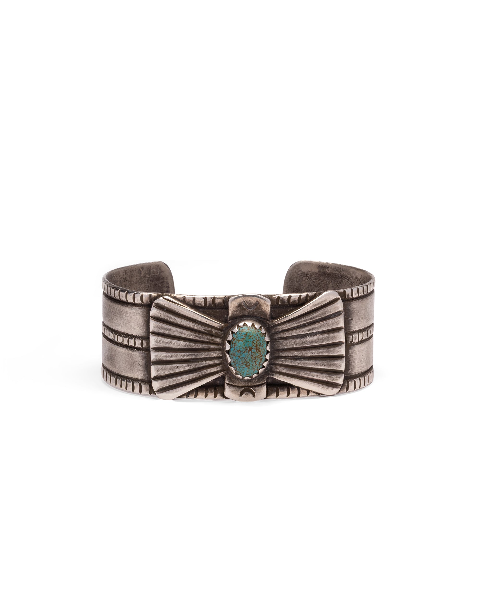 Heavy Silver Bracelet with Central Turquoise Stone and Radiating Engravings