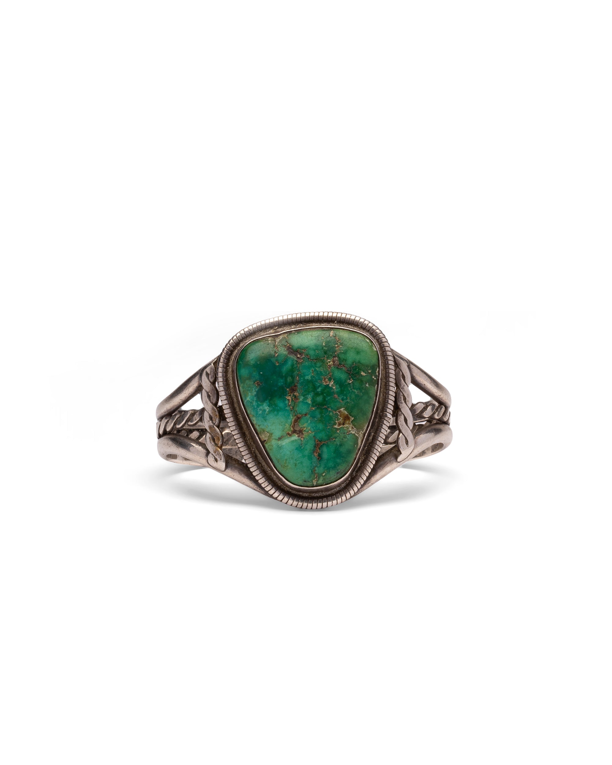 Chiseled Silver Bracelet with Large Green Turquoise Stone