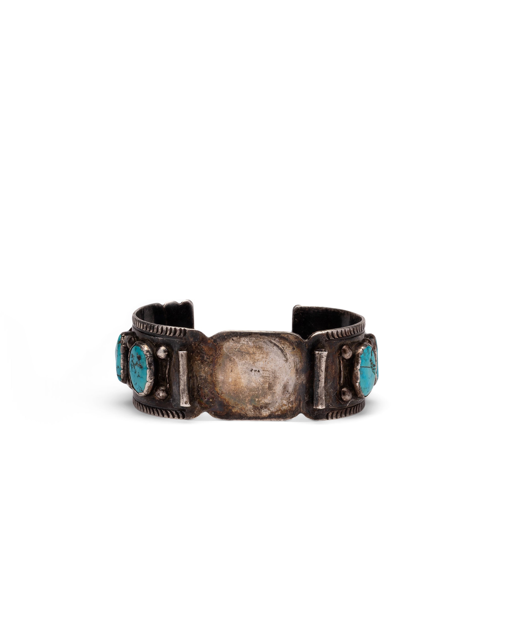 Silver Watch Cuff with Oval Turquoise Stones and Chiseled Details