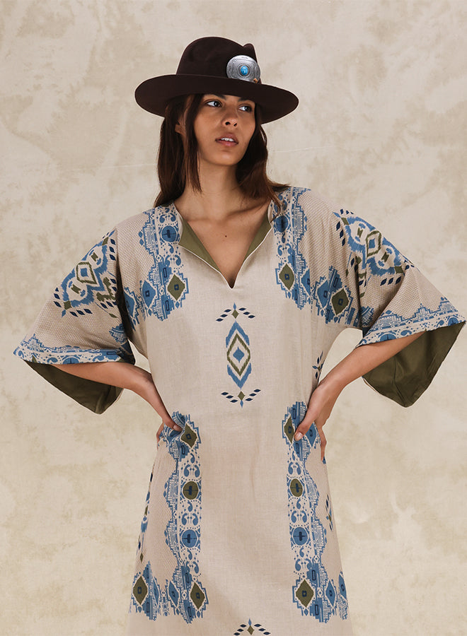 Acaia Caftano con Stampa in Cotone e Lino