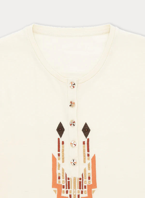 Coralie T-Shirt Serafino a Manica Lunga con Ricami Multi-Color