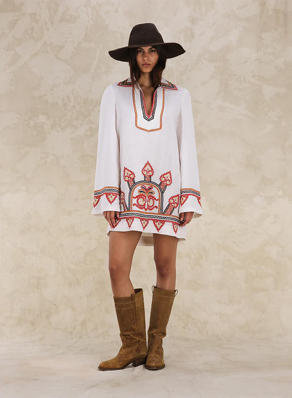 Gea Short Embroidered Linen Dress