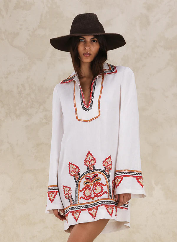 Gea Short Embroidered Linen Dress