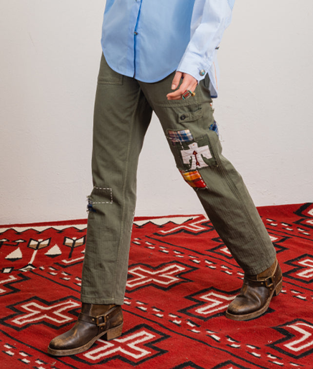 Jacey Pantaloni Fatigue in Herringbone di Cotone con Patch a Quadri