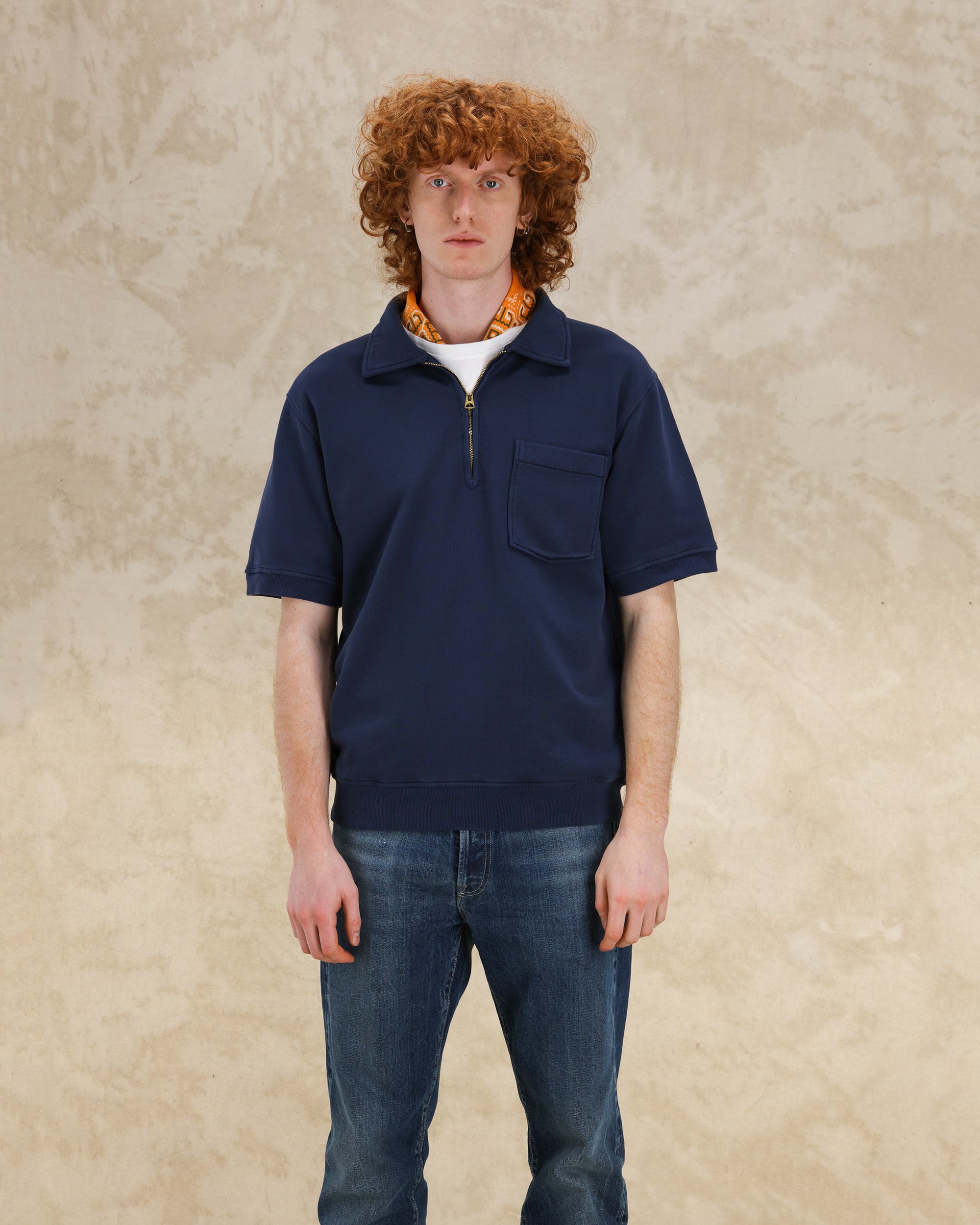 Yalepm Brushed Jersey Quarter Zip Collared Short Sleeve Sweatshirt